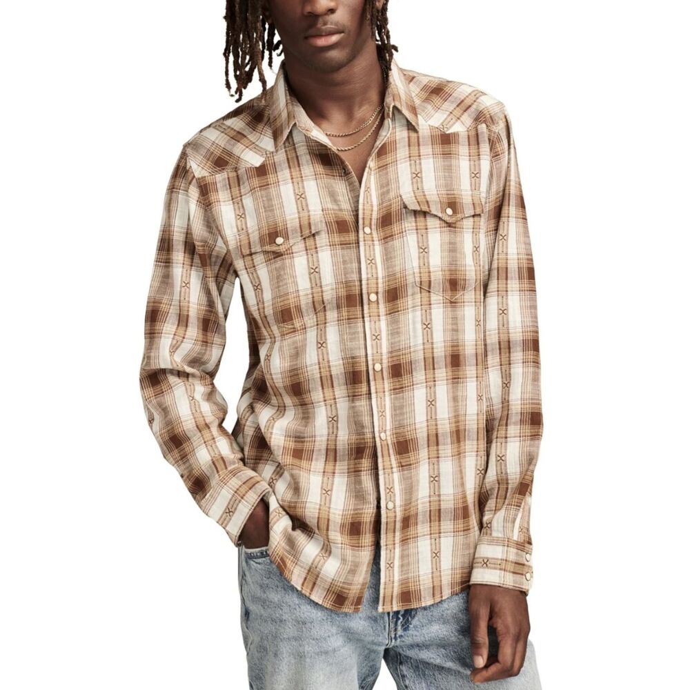Lucky Brand Mens Plaid Dobby Western Shirt Brown Multi Pearl Snap Medium Ranch